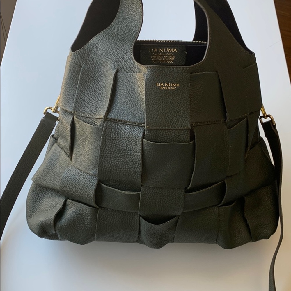 Lia Numa Dark Green Weave Bag Genuine Leather